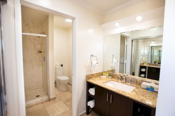 A bathroom with a shower, toilet, and a vanity sink with a mirror and lights. Towels and toiletries are neatly placed on the countertop.