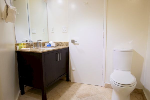 A bathroom with a mirror, sink, countertop, toiletries, and a toilet in a clean, well-lit setting.