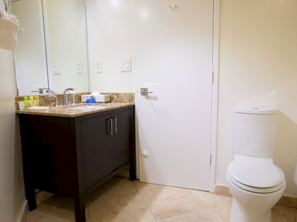 A bathroom with a mirror, sink, countertop, toiletries, and a toilet in a clean, well-lit setting.