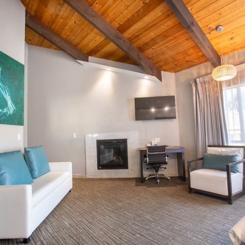 A modern room with wooden ceiling, sofa, desk, chair, TV, and fireplace. Large window with curtains and a jellyfish artwork on the wall.